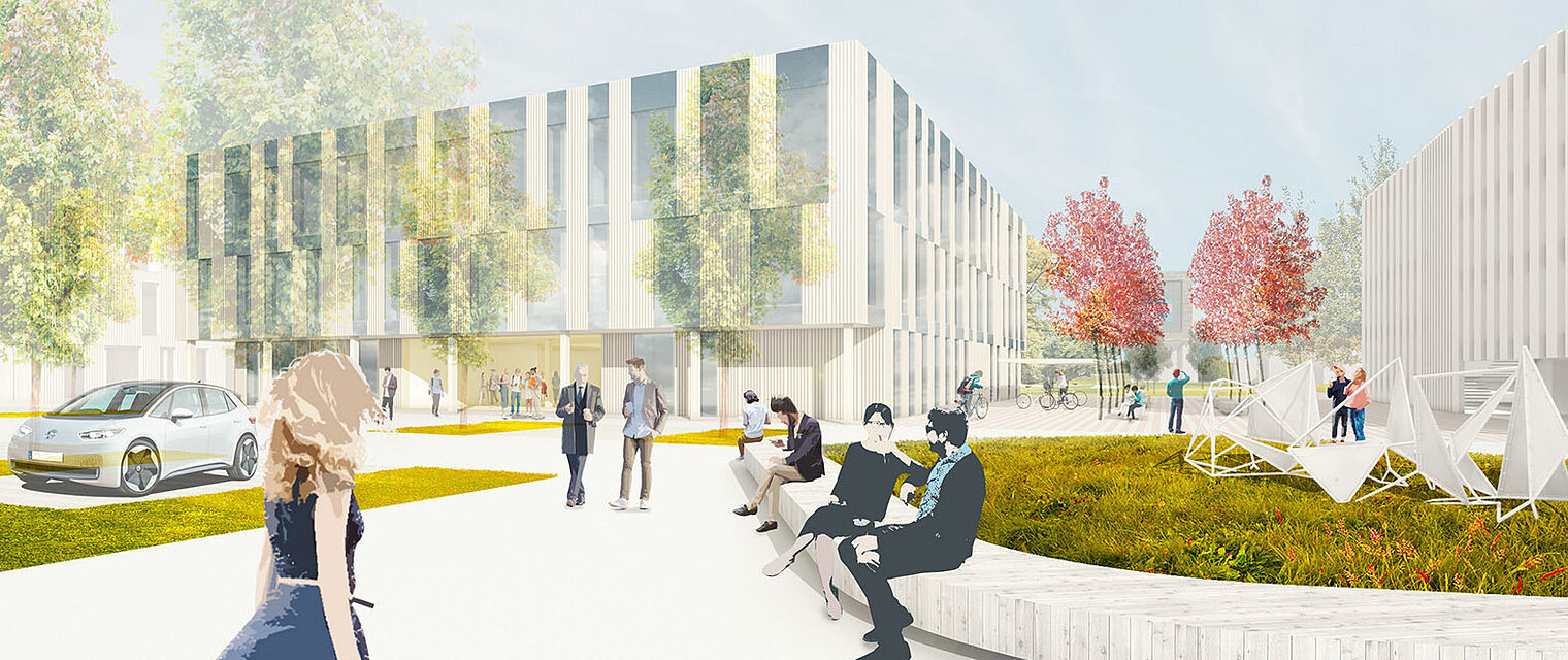 So soll der künftige "Campus Handwerk" aussehen: Der Neubau entlang der August-Horch-Straße 6-8 wurde entworfen vom Düsseldorfer Büro "Architekten Schuster".