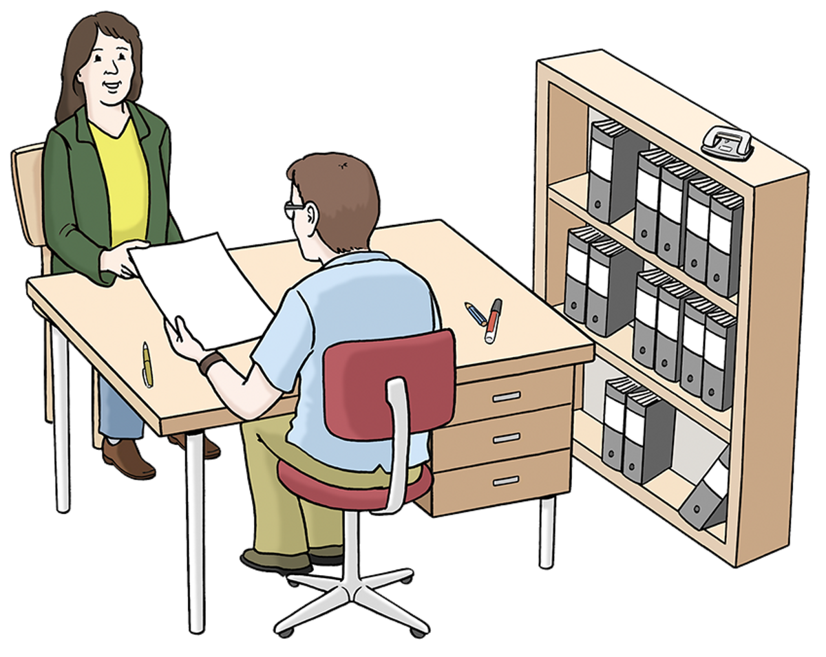 Zwei Personen sprechen in einem Büro. Zwei Personen sprechen in einem Büro.