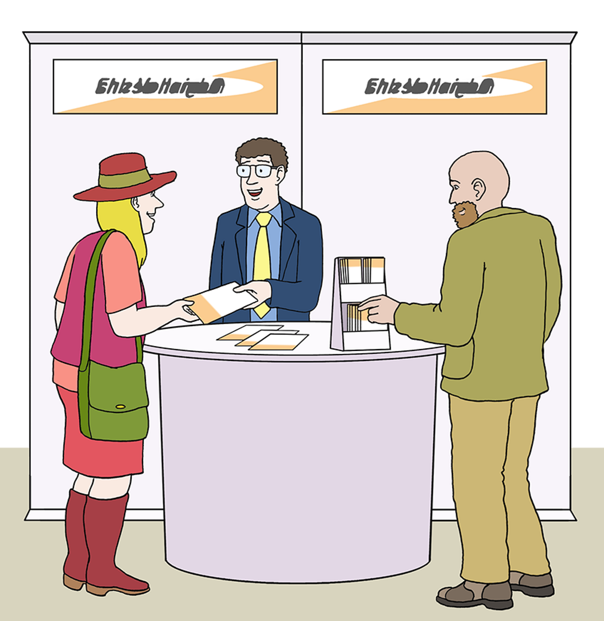Menschen stehen an einem Messestand Menschen stehen an einem Messestand