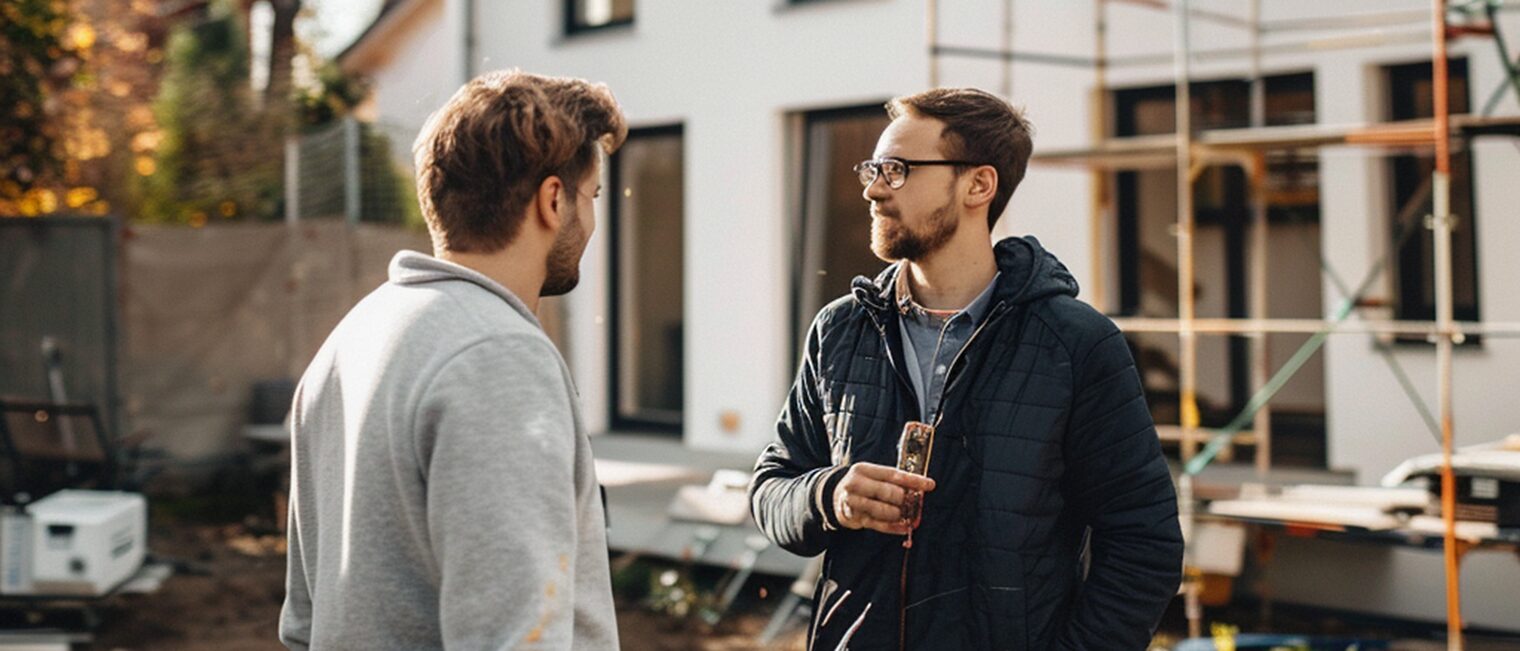 Zwei Personen stehen vor einem neugebautem Haus Zwei Personen stehen vor einem neugebautem Haus