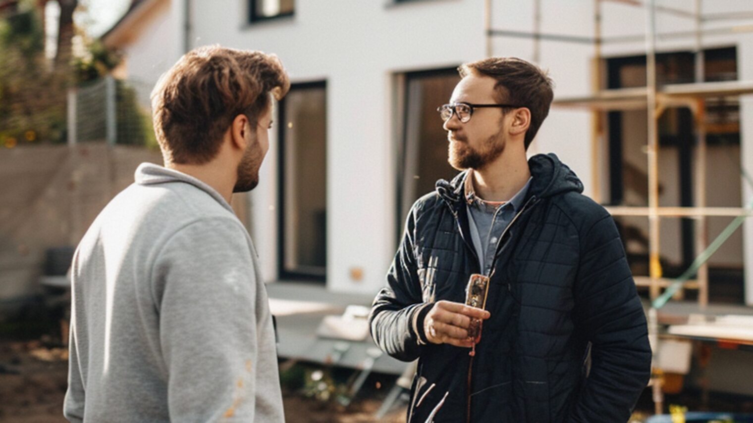 Zwei Personen stehen vor einem neugebautem Haus