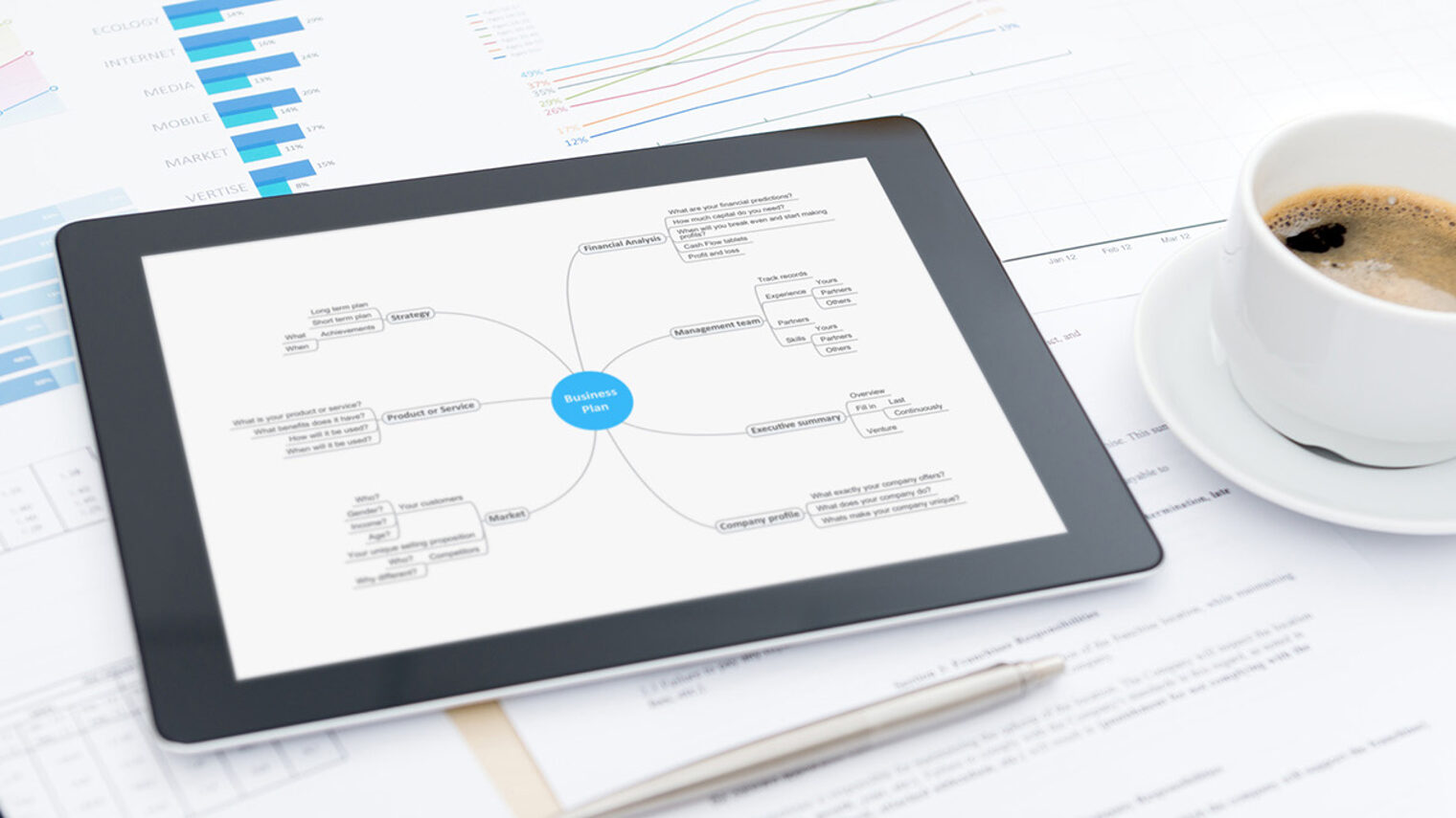Tablet und Kaffeetasse auf einem Tisch mit Geschäftspapieren