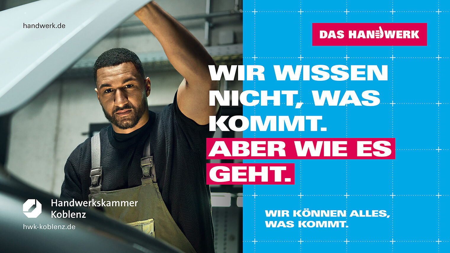 Imagekampagne 2025, Motiv Mechatroniker mit Schriftzug: Wir wissen nicht, was kommt. Aber wie es geht.