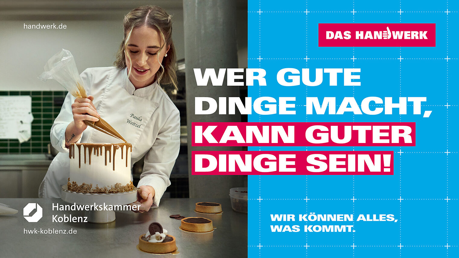 Kampagnenmotiv 2025, Konditorin mit Schriftzug_: Wer gute Dinge macht, kann guter Dinge sein!