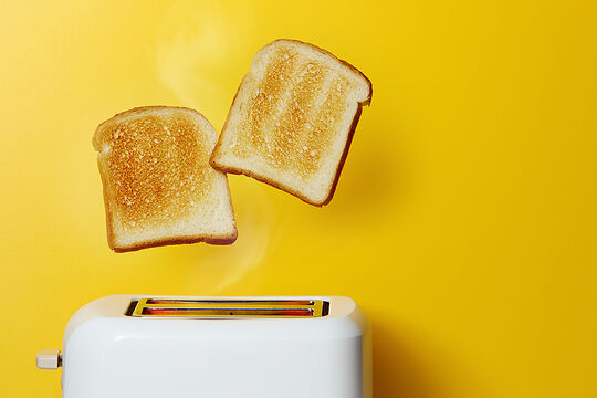 zwei Toastscheiben springen aus einem Toaster
