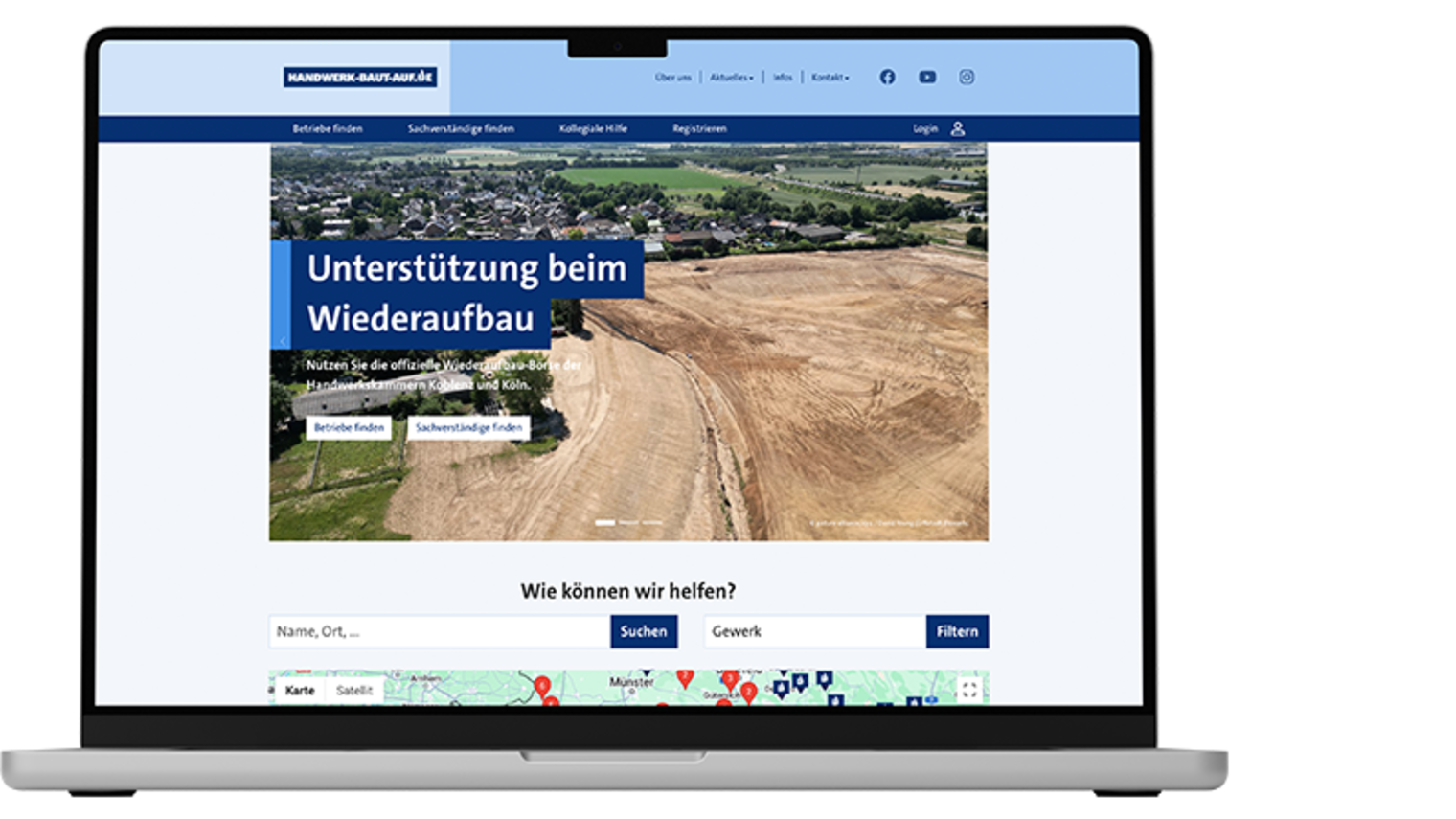 Notebook mit dem Bild der Website handwerk-baut-auf.de