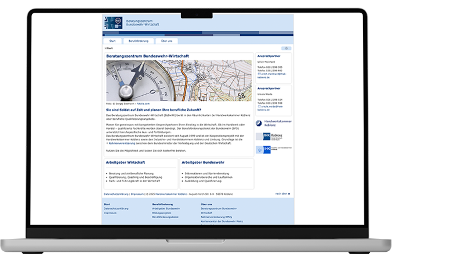 Notebook mit dem Bild der Website bundeswehr-wirtschaft.de