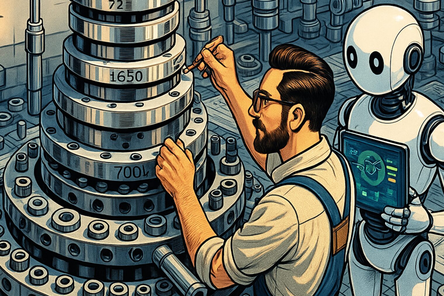 Zeichnung: Mann arbeitet in einer Werkstatt, neben ihm ein Roboter Zeichnung: Mann arbeitet in einer Werkstatt, neben ihm steht ein Roboter