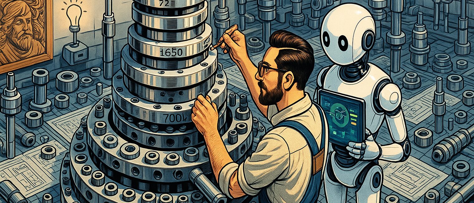 Zeichnung: Mann arbeitet in einer Werkstatt, neben ihm steht ein Roboter