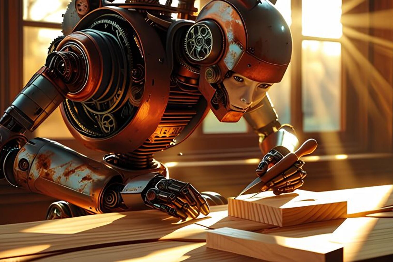 Ein humanoider Roboter arbeitet mit Holz
