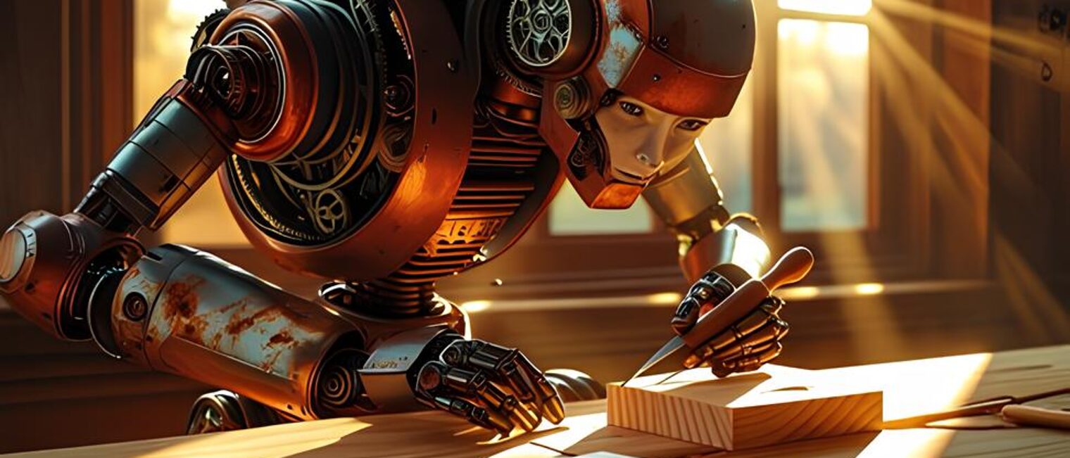 Ein humanoider Roboter arbeitet mit Holz