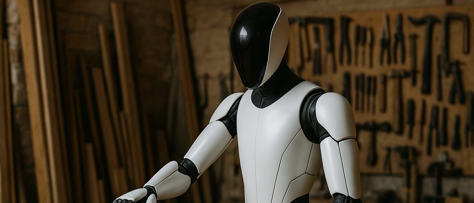 Roboter mit Werkzeugen im Hintergrund