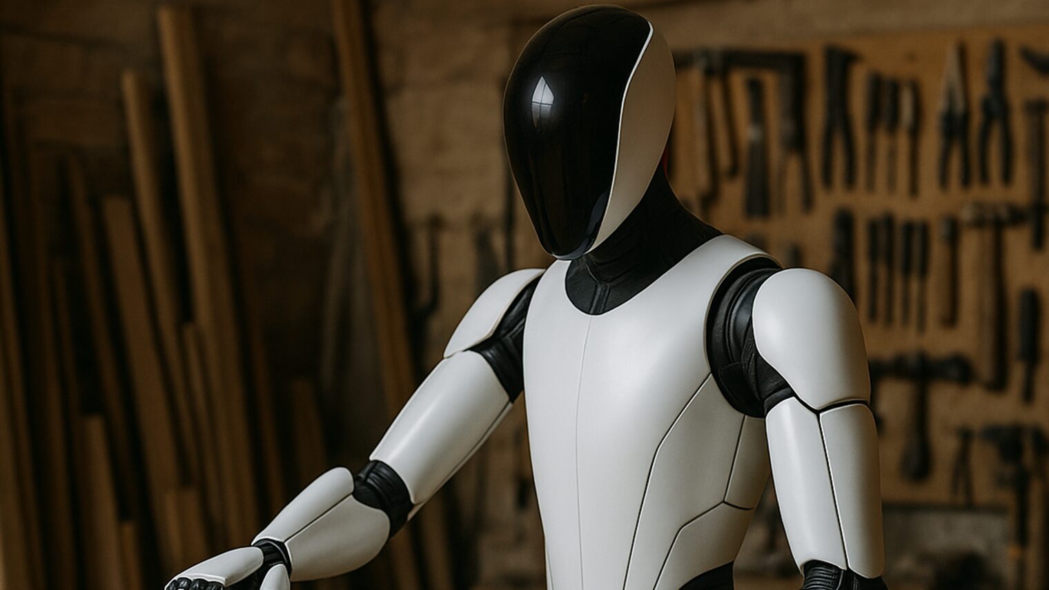 Roboter mit Werkzeugen im Hintergrund