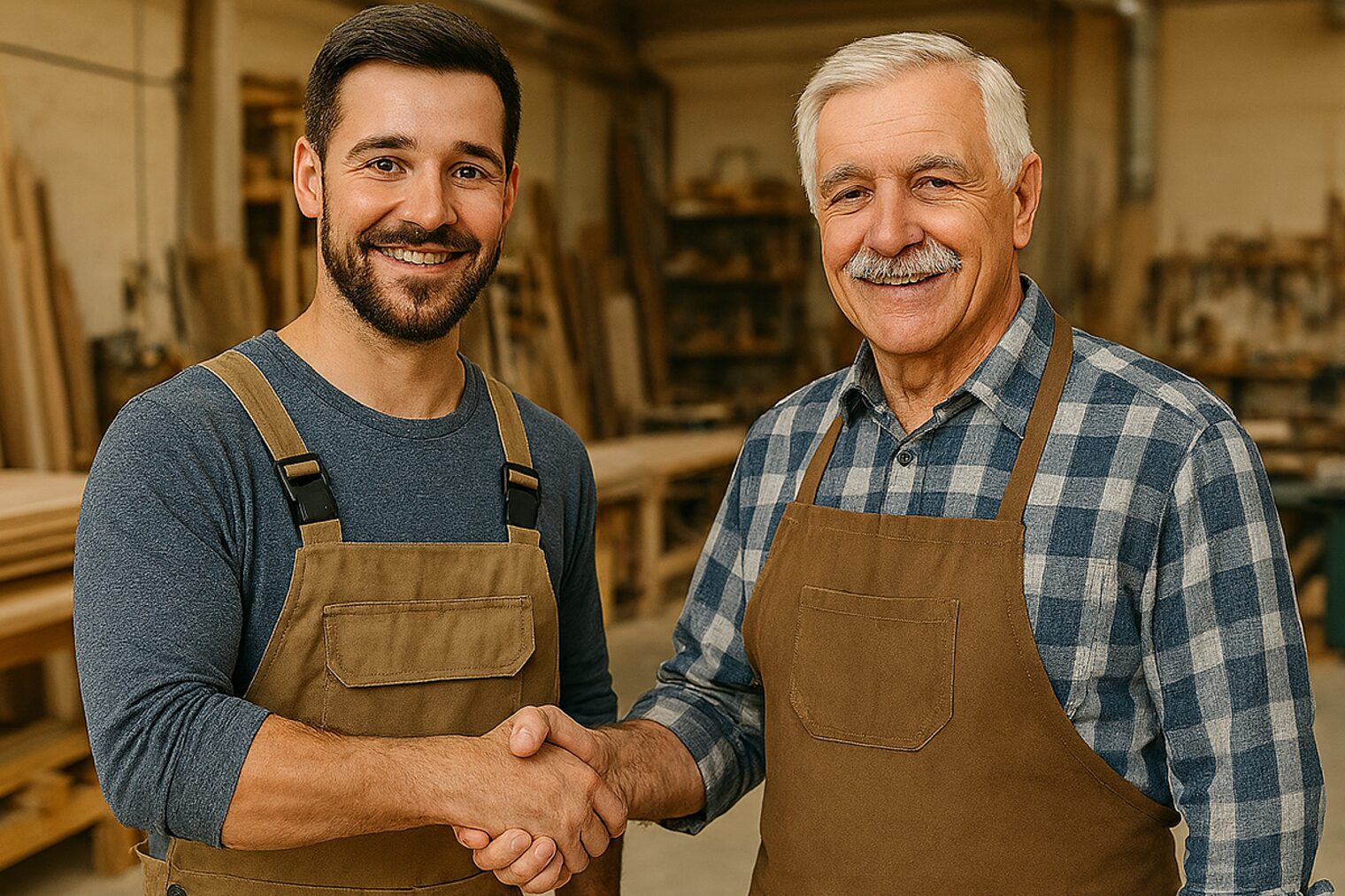 Ein älterer und ein jüngerer Handwerker schütteln sich die Hände. Ein älterer und ein jüngerer Handwerker schütteln sich die Hände.