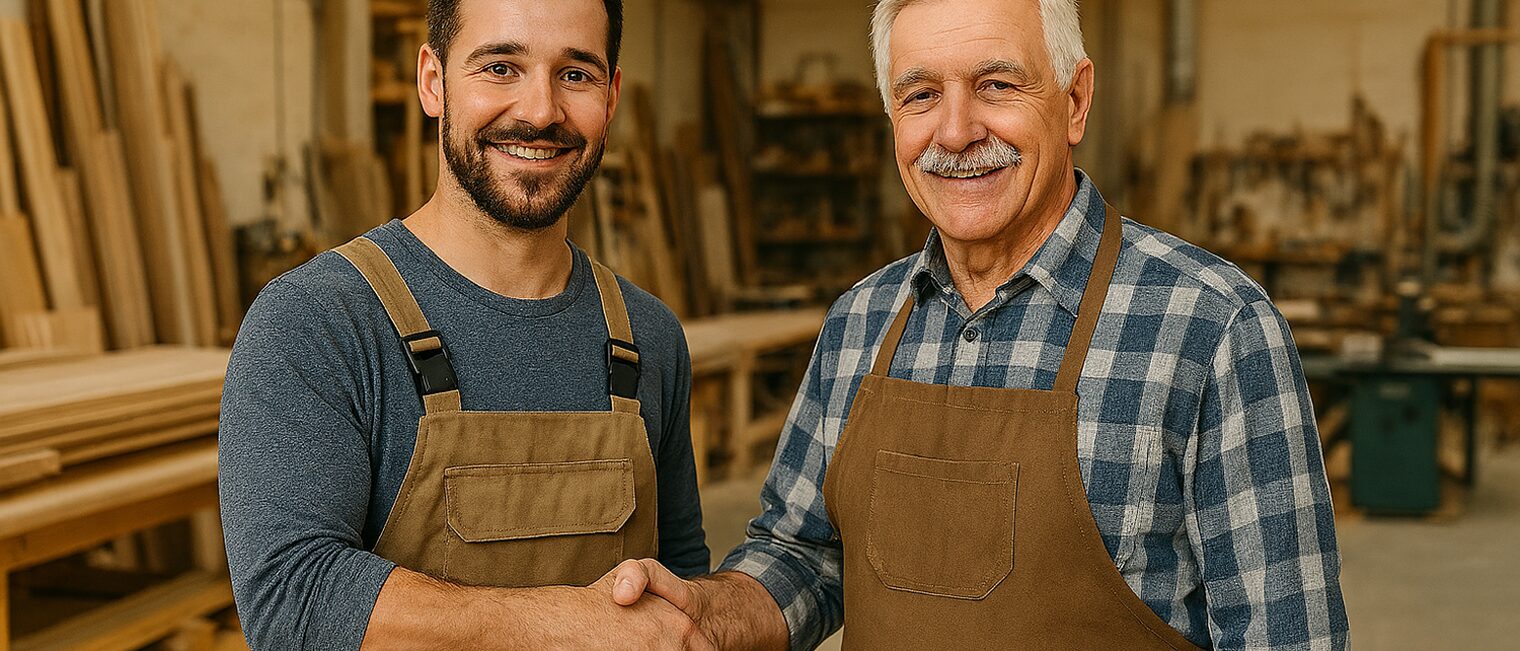 Ein älterer und ein jüngerer Handwerker schütteln sich die Hände. Ein älterer und ein jüngerer Handwerker schütteln sich die Hände.