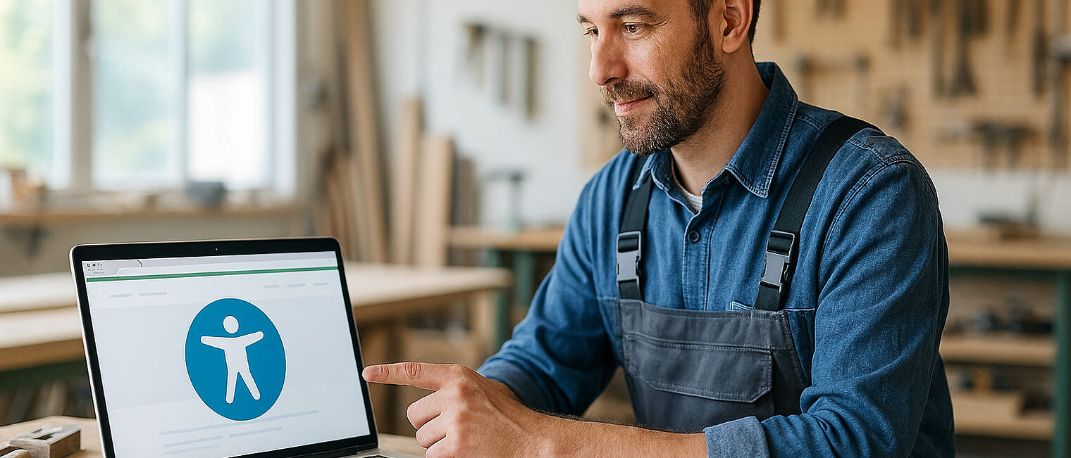 Handwerker zeigt auf geöffneten Laptop, der ein Icon für barrierefreies Internet zeigt.