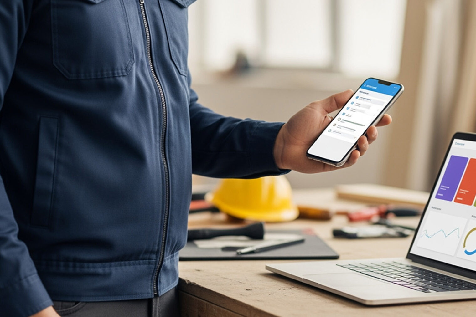 Mensch steht in einer Werkstatt vor einem aufgeklappten Laptop mit Smartphone in der Hand