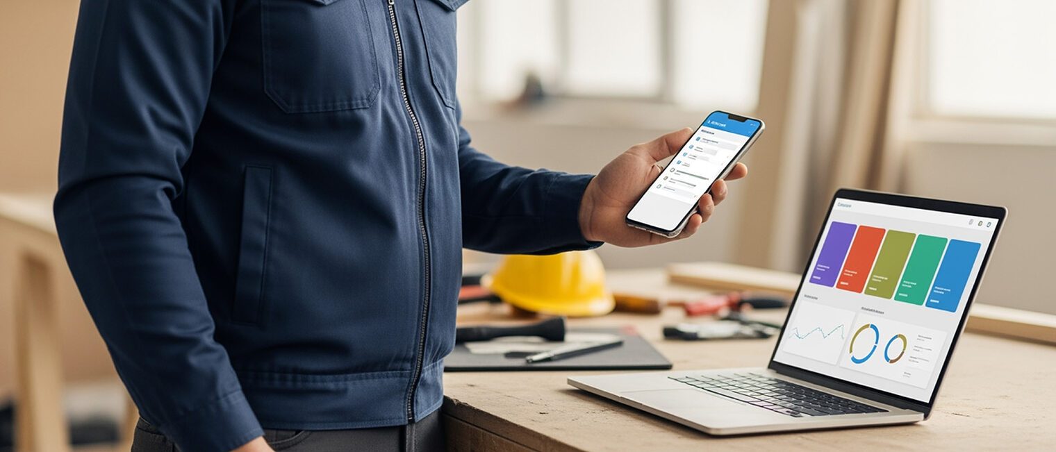 Mensch steht in einer Werkstatt vor einem aufgeklappten Laptop mit Smartphone in der Hand